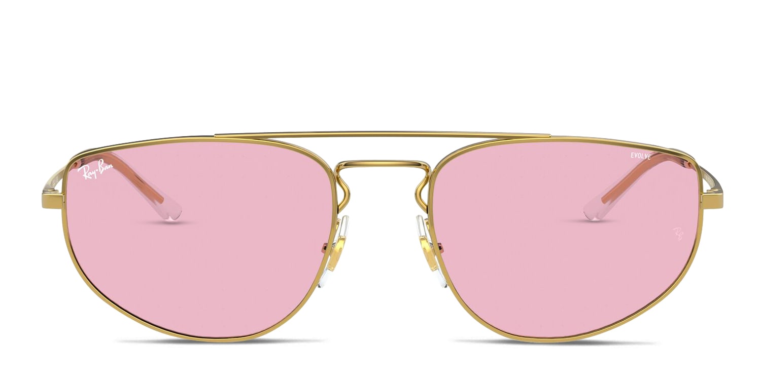RayBan RB3668 gold frame with Evolve photochromic pink to blue lenses. Lenses provide 100 UV