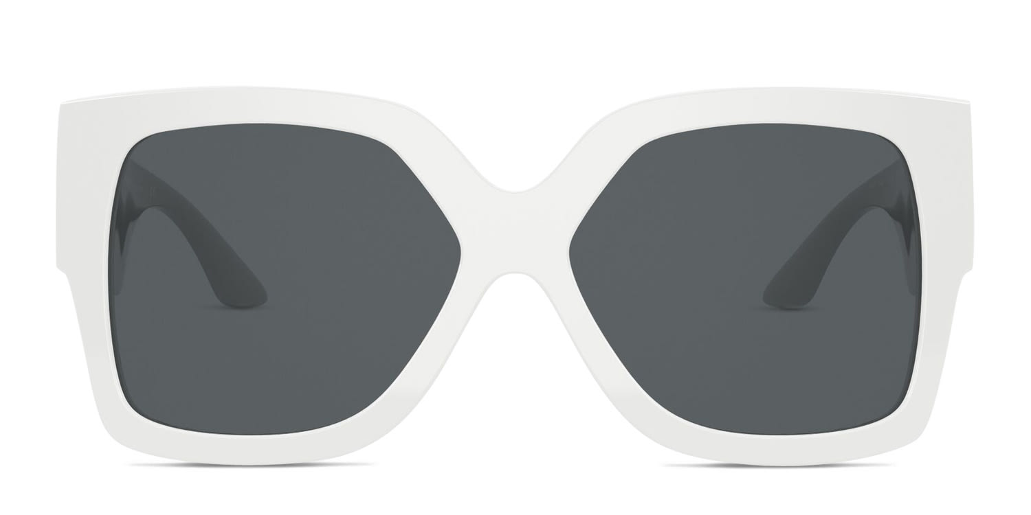 Versace VE4402 white frame with dark grey lenses. Lenses provide 100
