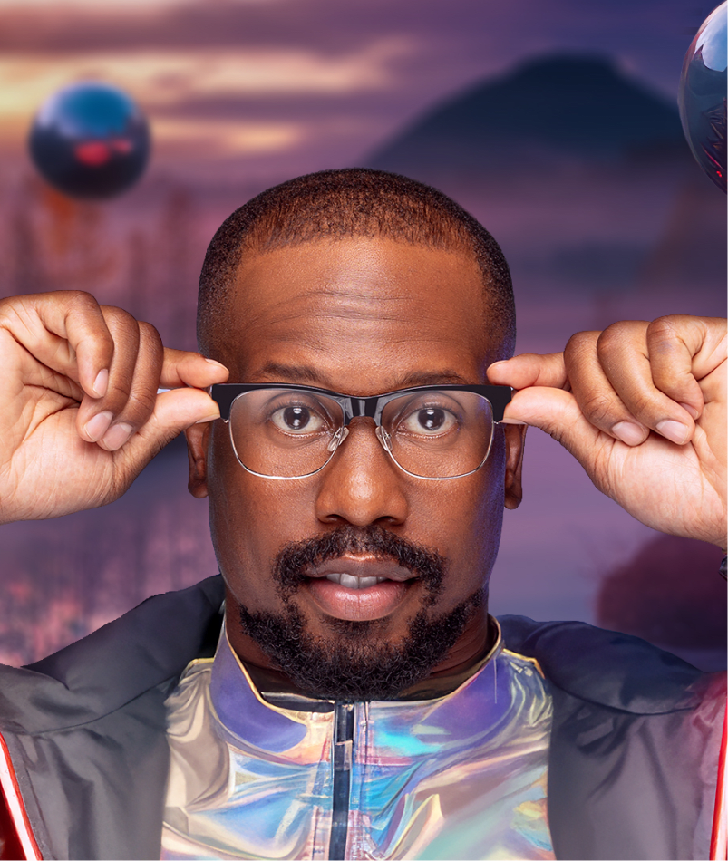 Von Miller wearing holographic glasses from the GlassesUSA collection