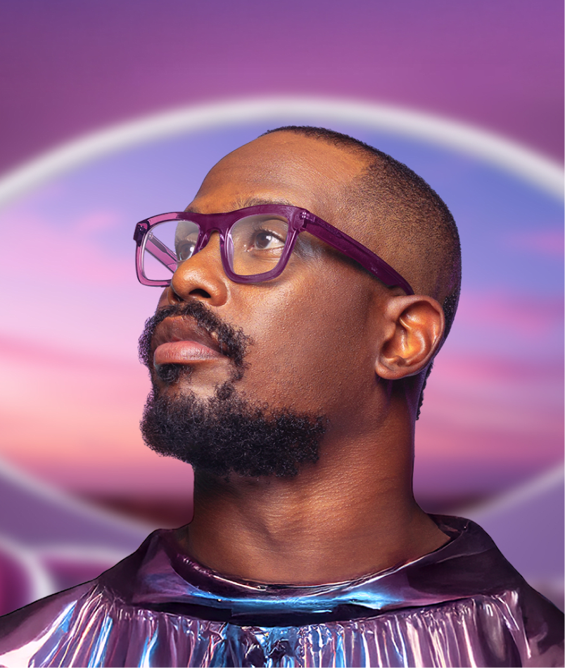 Von Miller modeling modern purple-frame glasses from the GlassesUSA collection with a cosmic backdrop