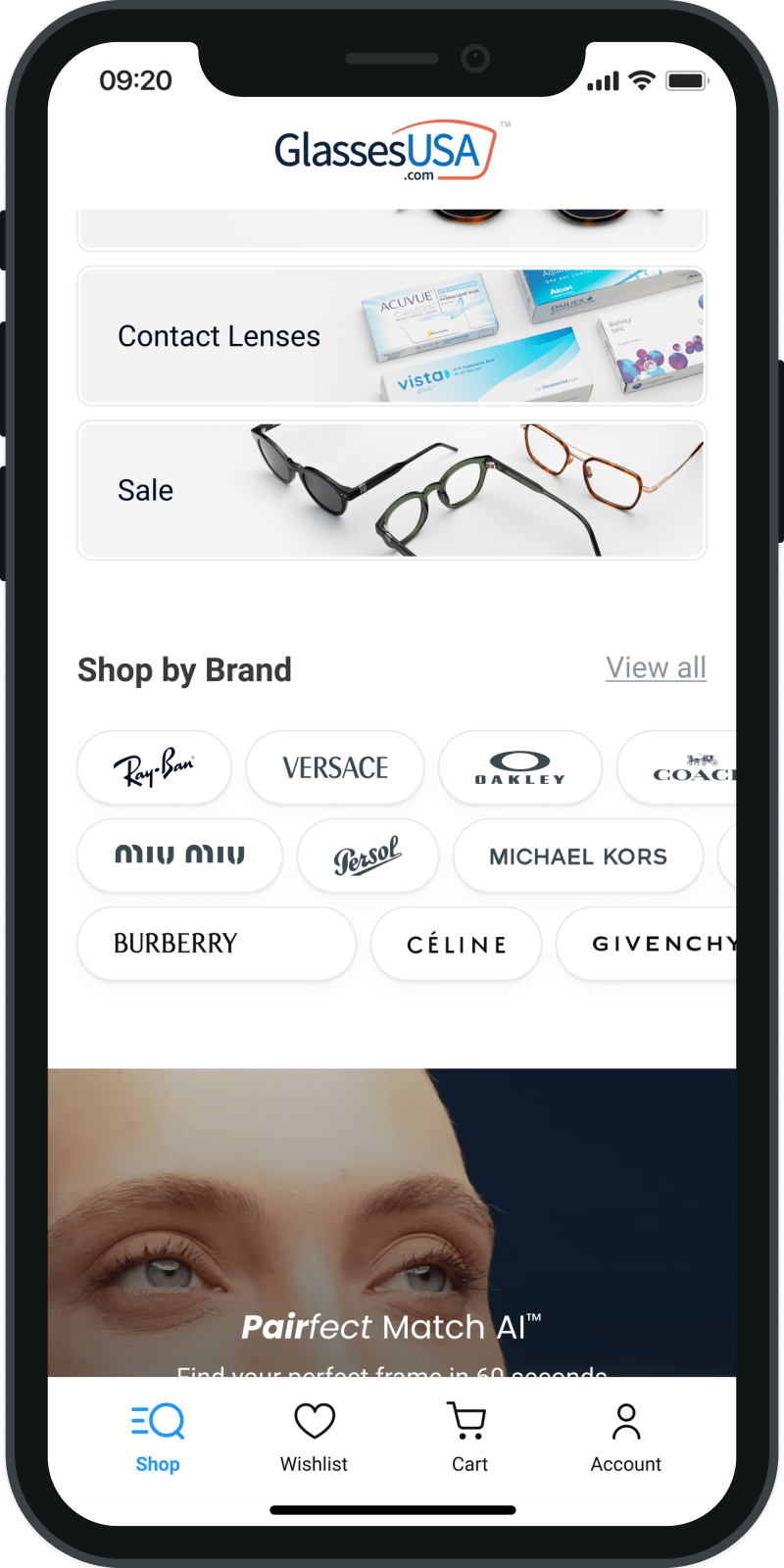Explore a huge selection of brands in glassesUSA app