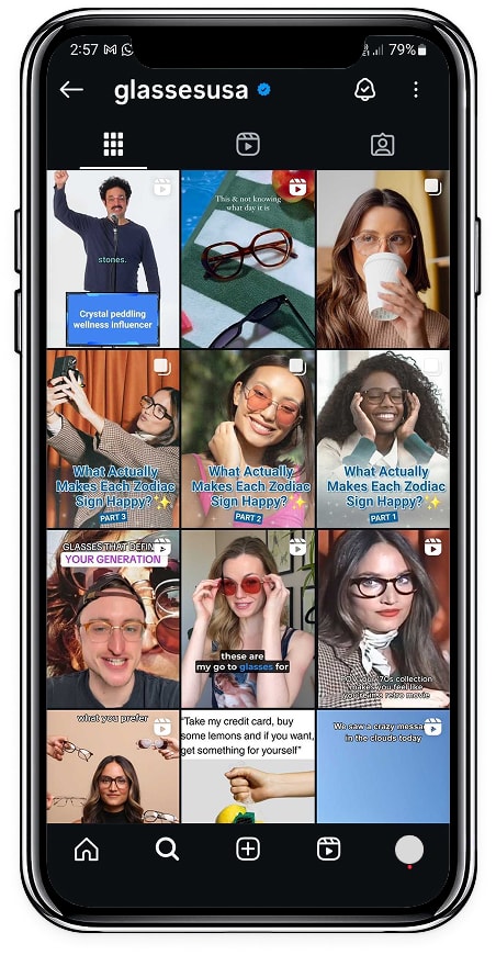 GlassesUSA Instagram feed showing multiple creators wearing our eyeglasses