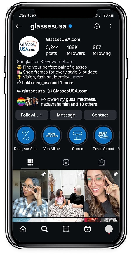 GlassesUSA verified Instagram profile with followers and creators content