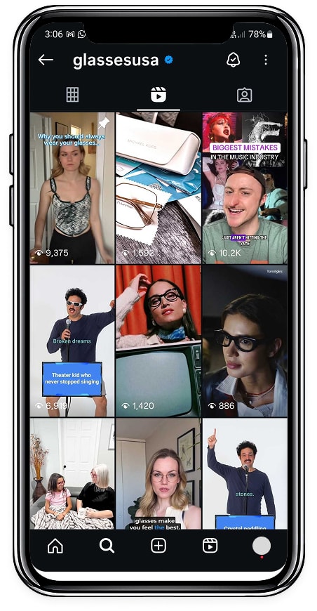 GlassesUSA Instagram reels highlighting creators with eyeglasses