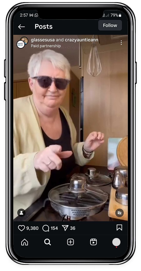 GlassesUSA Instagram video post featuring a creator wearing sunglasses