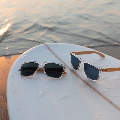 O’Neill x GlassesUSA.com Harwood 2.0 clear frame polarized sunglasses with dark green lenses, exclusive collaboration.