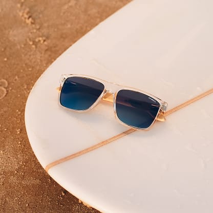 O’Neill x GlassesUSA.com Harwood 2.0 clear frame sunglasses with deep blue polarized lenses.
