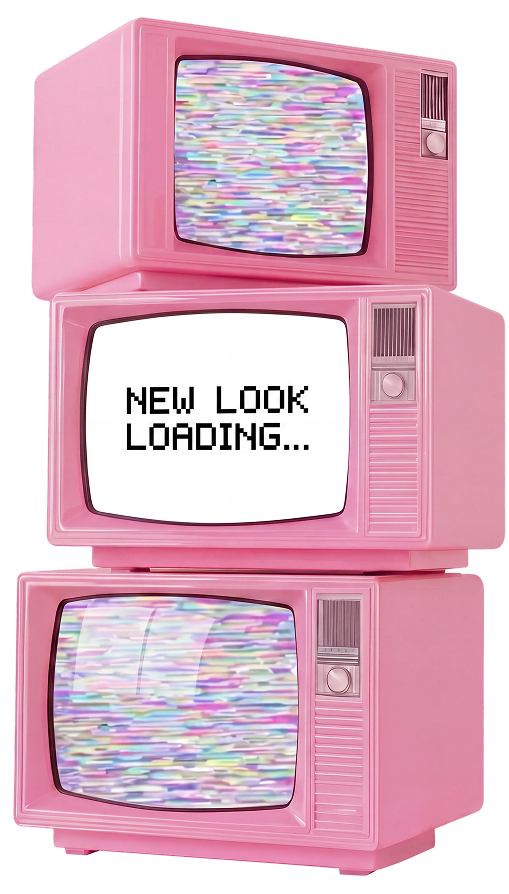 Stack of three retro pink CRT televisions, two showing colorful static and one displaying the text New Look Loading