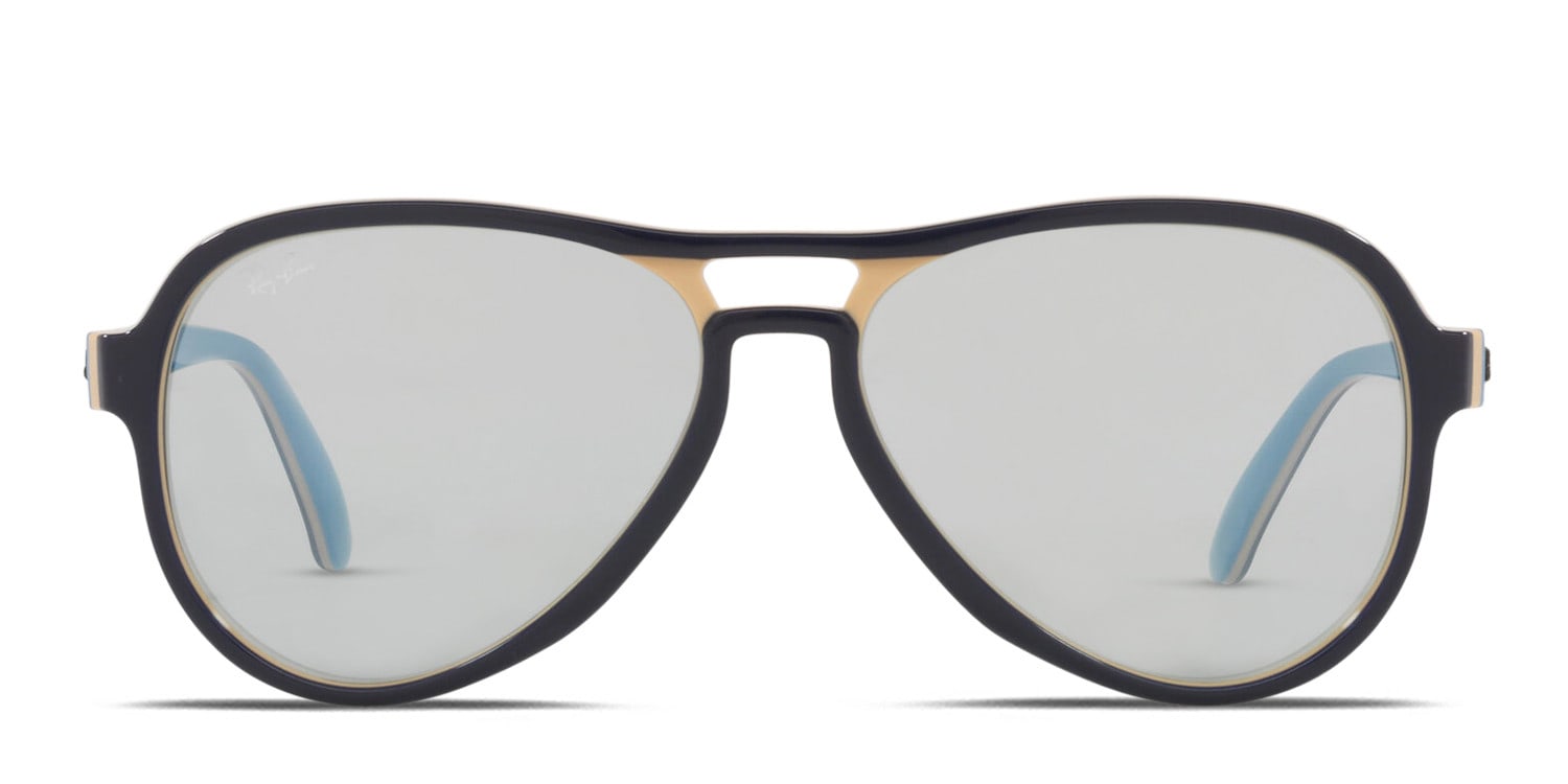 RayBan RB4355 Vagabond blue frame with photochromic grey mirrored grey