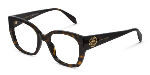 The Alexander McQueen AM0379O is a squared cat-eye frame with a