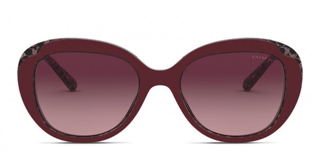 Coach HC8289 glitter red frame with burgundy gradient lenses. Lenses provide 100 UV protection