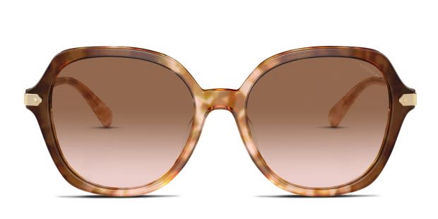 Coach HC8377U gold tortoise frame with brown pink gradient lenses. Lenses provide 100 UV protection