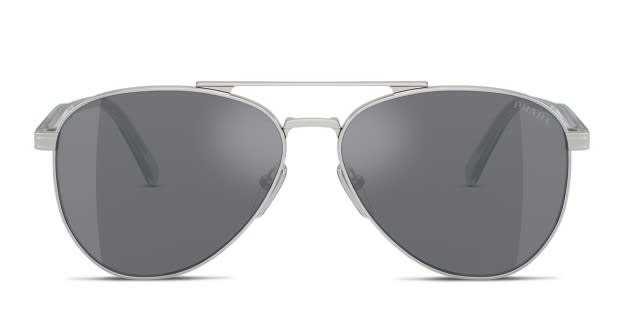 Prada PRA58S silver frame with dark grey flash silver lenses