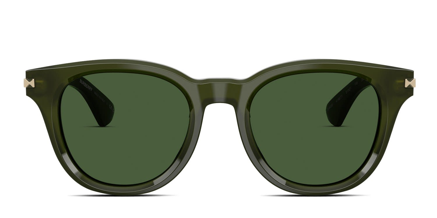 Burberry BE4439 green frame with dark green lenses. Lenses provide
