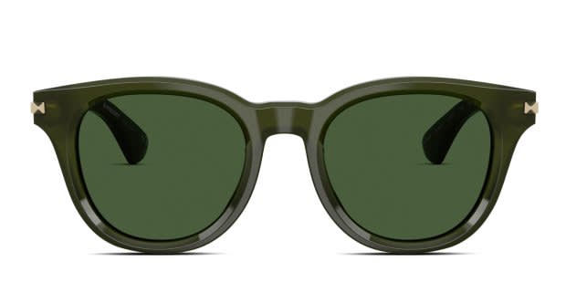 Burberry BE4439 green frame with dark green lenses. Lenses provide