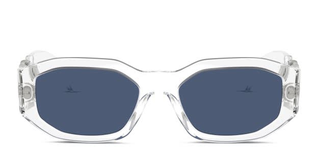 Versace VE4361 clear frame with dark blue lenses. Lenses provide