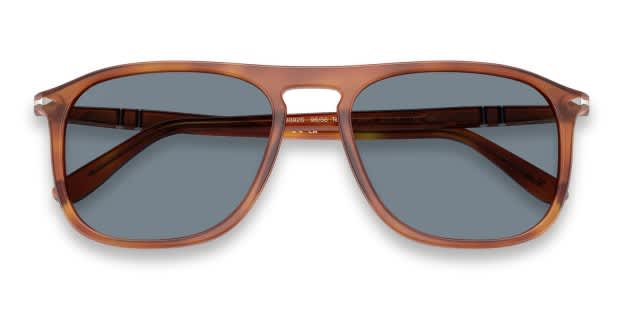 Persol PO3392S brown frame with light blue lenses. Lenses provide