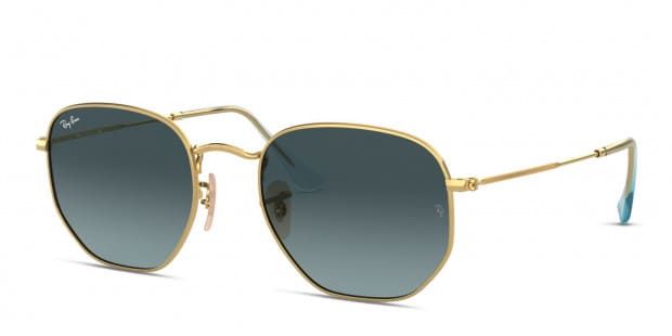 Ray Ban RB3548N Hexagonal gold frame with blue grey gradient lenses. Lenses provide 100 UV protection