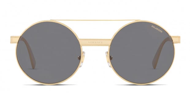 Versace VE2210 gold frame with dark grey polarized lenses. Lenses provide 100 UV protection