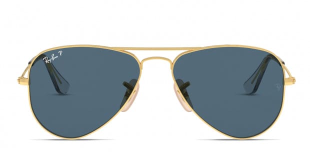 Ray Ban RJ9506S Junior Aviator Kids gold frame with dark blue lenses. Lenses provide 100 UV protection