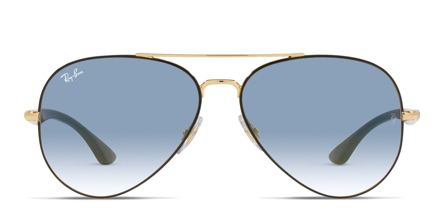 Ray-Ban RB3675 black, gold frame with clear gradient blue lenses 