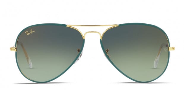 Ray Ban RB3025JM Aviator Full Color gunmetal gold frame with green vintage gradient blue lenses. Lenses provide 100 UV protection