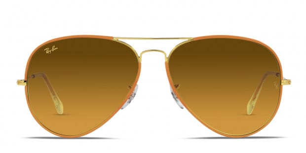Ray Ban RB3025JM Aviator Full Color gold yellow frame with yellow vintage orange gradient brown lenses. Lenses provide 100 UV protection
