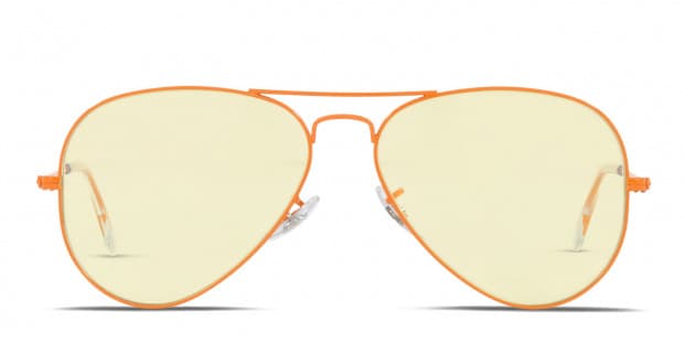 Ray Ban RB3025 Aviator Large Metal orange frame with photochromic Evolve yellow light red lenses. Lenses provide 100 UV protection