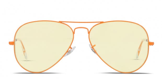 Ray-Ban RB3025 Aviator Large Metal orange frame with photochromic Evolve  yellow/light red lenses. Lenses provide 100% UV protection.