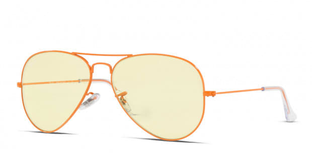 Ray Ban RB3025 Aviator Large Metal orange frame with photochromic Evolve yellow light red lenses. Lenses provide 100 UV protection
