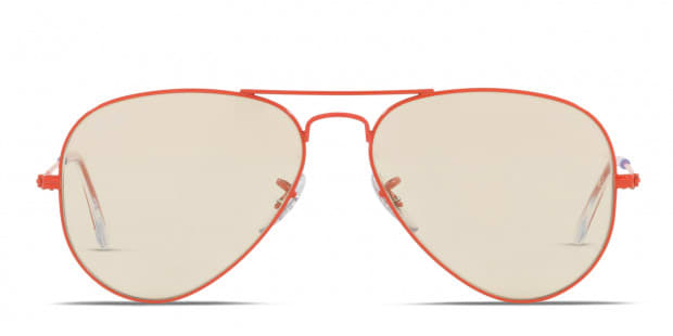 Ray Ban RB3025 Aviator Large Metal red frame with photochromic Evolve brown grey lenses. Lenses provide 100 UV protection