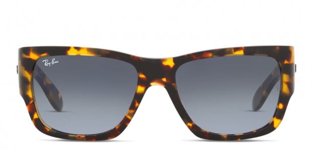Ray Ban RB2187 Wayfarer Nomad yellow tortoise frame with light blue gradient grey lenses. Lenses provide 100 UV protection