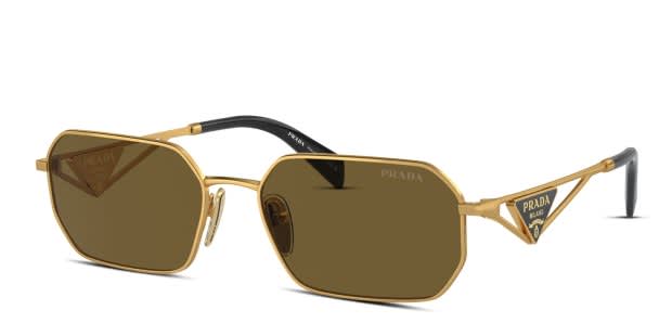 Prada PRA51S gold frame with dark brown lenses. Lenses provide 100
