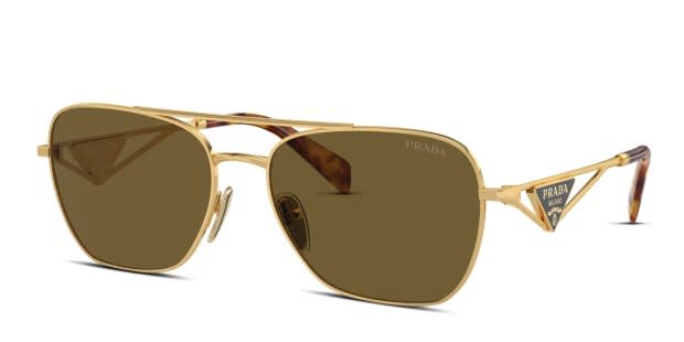 Prada PRA50S gold frame with dark brown lenses. Lenses provide 100
