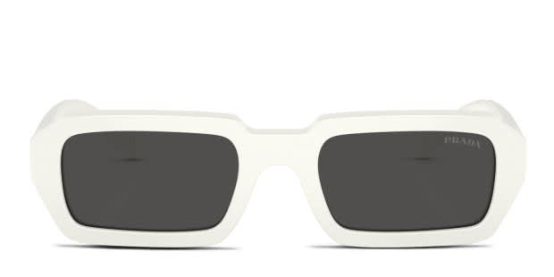 Prada PRA12S white frame with dark grey lenses. Lenses provide 100