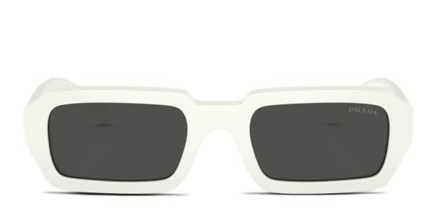 Prada PRA12S white frame with dark grey lenses. Lenses provide 100 UV protection