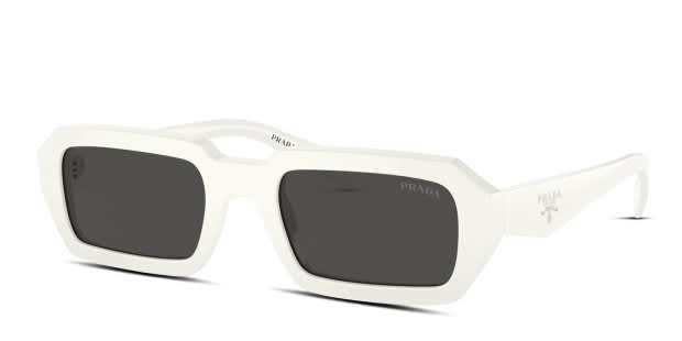 Prada PRA12S white frame with dark grey lenses. Lenses provide 100